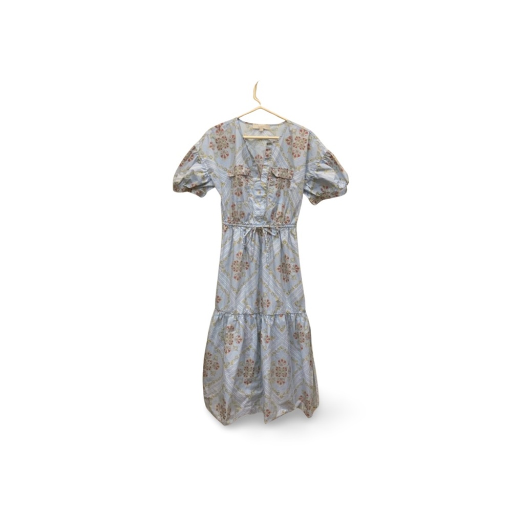 LOFT Light Blue Floral Midi Dress with Puff Sleeves & Tie Waist – Size S